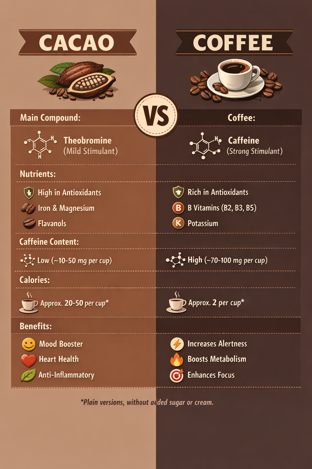 Infographic comparing cacao and coffee nutritional profiles — cacao contains magnesium, iron, zinc, antioxidants, and theobromine